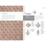 Page from a craft book showing patterns and instructions for making a crane, with colorful paper swatches on a white background.