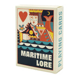 Playing card box with 'Maritime Lore' text and colorful design on a white background