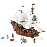 Pirate ship model made of Lego blocks on a white background