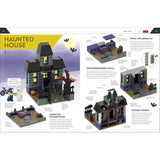 Instruction manual for building a LEGO haunted house set, showing different parts and features.