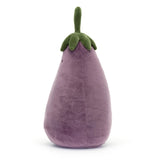 Purple plush eggplant toy with a green top and an embroidered smiling face.