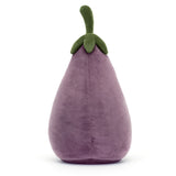 Purple plush eggplant toy with a green top and an embroidered smiling face.
