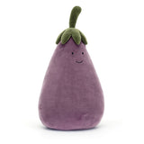 Purple plush eggplant toy with a green top and an embroidered smiling face.
