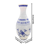 Blue and White puzzle vase on a white background with measurements