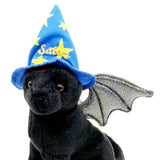 A black plush cat wearing a blue wizard hat with yellow stars and the word 'Salem' embroidered on it, plus a gray glittery wing, shown against a plain white background.