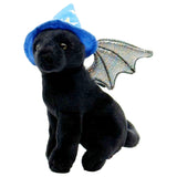 A black plush cat wearing a blue wizard hat with yellow stars and a sparkly silver-gray bat wing, shown against a plain white background.