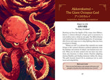 Illustration of a giant octopus with text about Akkorokamui, the Giant Octopus God, on a red background.