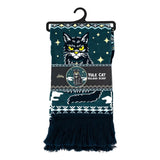 Scarf with a black cat design and snowflake pattern on a white background