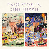 Two puzzles showing different scenes with buildings and people, labeled 'Two Stories, One Puzzle'.