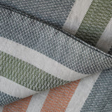 Close-up of woven fabric with a geometric pattern in gray, green, and orange.