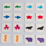 Set of square cards with colorful animal illustrations on a gray background