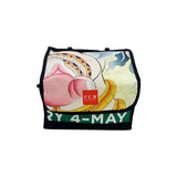 Colorful bag with a design and text on a white background