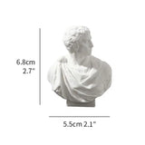 White marble bust with dimensions indicated on a white background