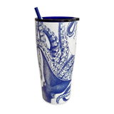Tumbler with blue octopus design on a white background