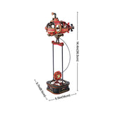 A red and black steampunk-style decorative sculpture or model on a white background, with dimension arrows and labels showing height of 14.4 in (36.