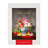 A New Year greeting card box featuring a colorful floral arrangement in a blue patterned vase on a dark table, with red trays of food and the text 'happy new year' at the top. The box has a white border and a red banner at the bottom reading 'FELIX DOOLITTLE'.