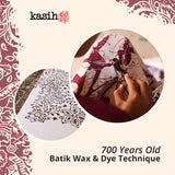 Advertisement for kasih with batik wax and dye technique, featuring a hand applying wax to fabric.