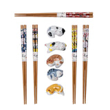 Chopsticks and Rests 5 Pair Cute Cats Bamboo