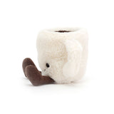 Plush toy espresso cup with a smiling face on a white background