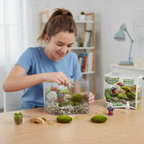 Person assembling a miniature garden kit with a box labeled 'Bonsai' in the background.