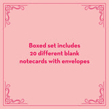 Dark pink text 'Boxed set includes 20 different blank notecards with envelopes' on a pink background