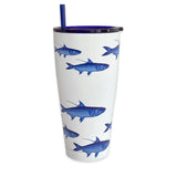 Tumbler with blue fish pattern on a white background