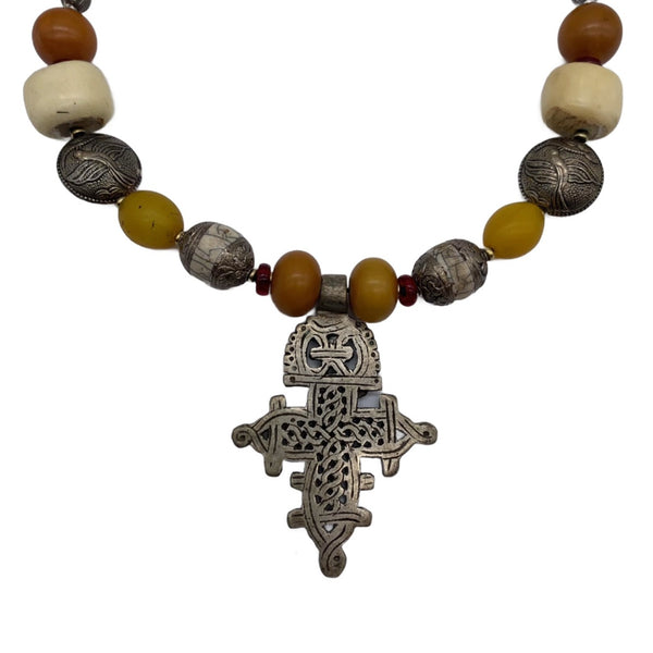 Necklace Tibetan Resin Beads with Ethiopian Cross