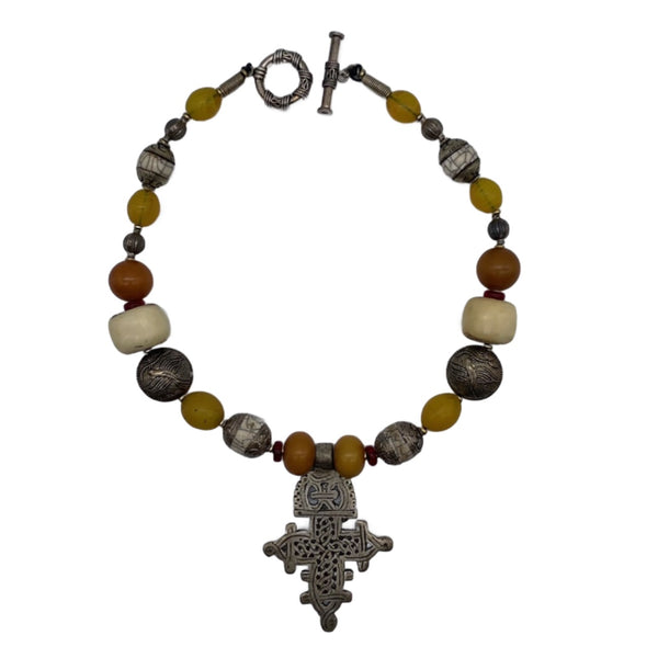 Necklace Tibetan Resin Beads with Ethiopian Cross