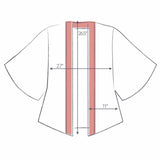 Front-view garment measurement diagram with arrows and labels showing a 26.5-inch center front opening, 27-inch width at the shoulders, and 11-inch side drape, on a white background.