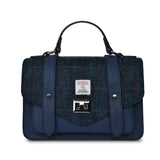 Navy tweed tartan satchel with blue trim on a white background