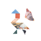 A colorful gemstone tangram puzzle with seven pieces, some in shades of red, orange, yellow, green, blue, and gray, displayed on a white background.