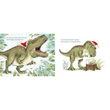 Two illustrated dinosaur pages side by side on a white background. The left page shows a green T-rex wearing a red Santa hat with text at the top.