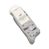 Gray socks with horse designs on a white background, featuring a label for 'socks that save horses'.