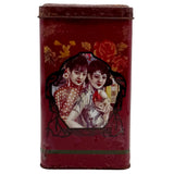 Red vintage tin with artistic design of two women on a white background