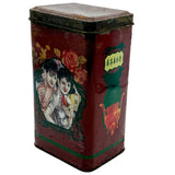 Red vintage tin with artistic design of two women on a white background