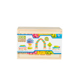 A wooden storage box packaging for Eco-Bricks Color, showing various colorful wooden blocks and axles with wheels, indicating a set of 109 pieces.