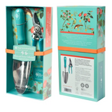 A gift boxed set of gardening tools including a trowel and secateurs, featuring a blue painted handle and engraved with the Gertrude Jekyll quote.