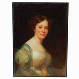 A magnet featuring a portrait of Sophia Peabody, with a predominantly white and blue dress, against a dark background.