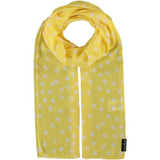 A yellow scarf with white polka dots laid out flat.