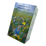 Box of seed that reads 'BIRD LOVER'S MEADOW MIX' with colorful illustration of birds in a meadow