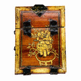 A vintage Chinese painted wooden jewelry box with a drawer and a foldable mirror. The exterior's detailed gold-painted designs of birds, fruits, and flowers.