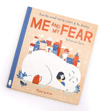 Cover of the book 'Me And My Fear' by Francesca Sanna, featuring an illustration of a large, friendly white creature with a small girl in a cityscape background.