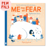 Cover of the book 'Me And My Fear' by Francesca Sanna, featuring an illustration of a large, friendly white creature with a small girl in a cityscape background.