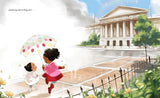 Illustration of two girls under an umbrella in front of a museum