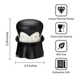 Product with black hair and white face, featuring icons and text about design, material, and safety.