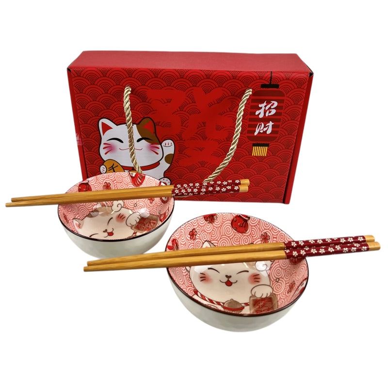 Lucky Cat Double Rice Bowl Chopstick Set