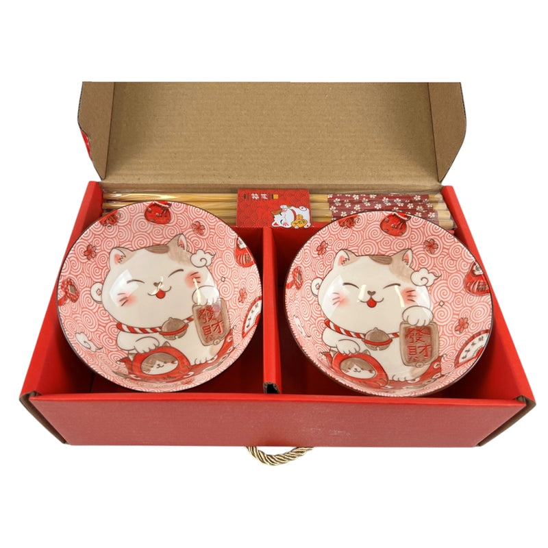 Lucky Cat Double Rice Bowl Chopstick Set
