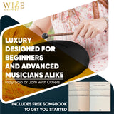 Music instrument with text about luxury design for musicians, including a songbook.