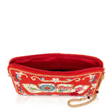 A red zippered clutch bag with intricate multicolor beaded details and a gold chain strap, shown open on a white background.