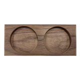 A rectangular wooden tray with two circular recessed bowls, shown on a plain white background.